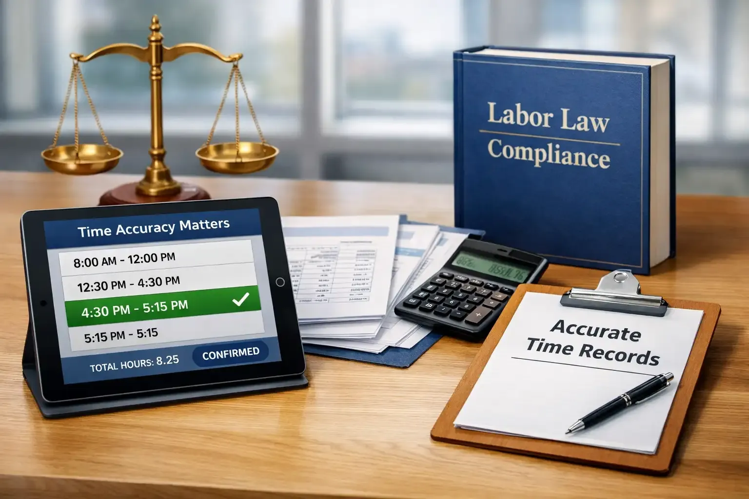 Desk with digital time clock, payroll files, and labor law book
